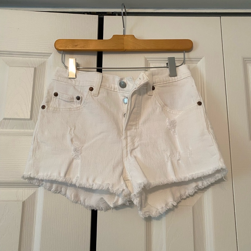 Levi's White Frayed Hem High-Rise Denim Shorts